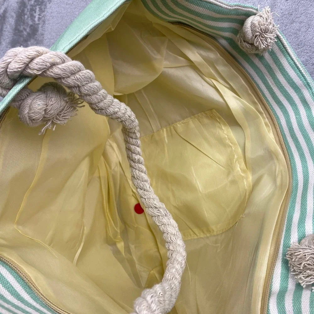 Light Green Striped Beach Tote‎ Bag Mermaid Off Duty Nautical Rope Handles NEW